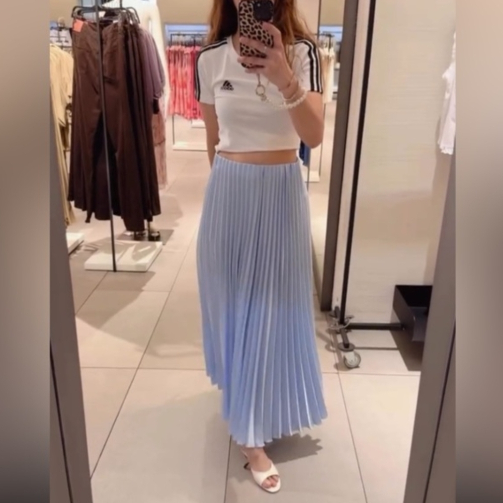 Zara Light Blue Pleated A-Line Maxi Skirt